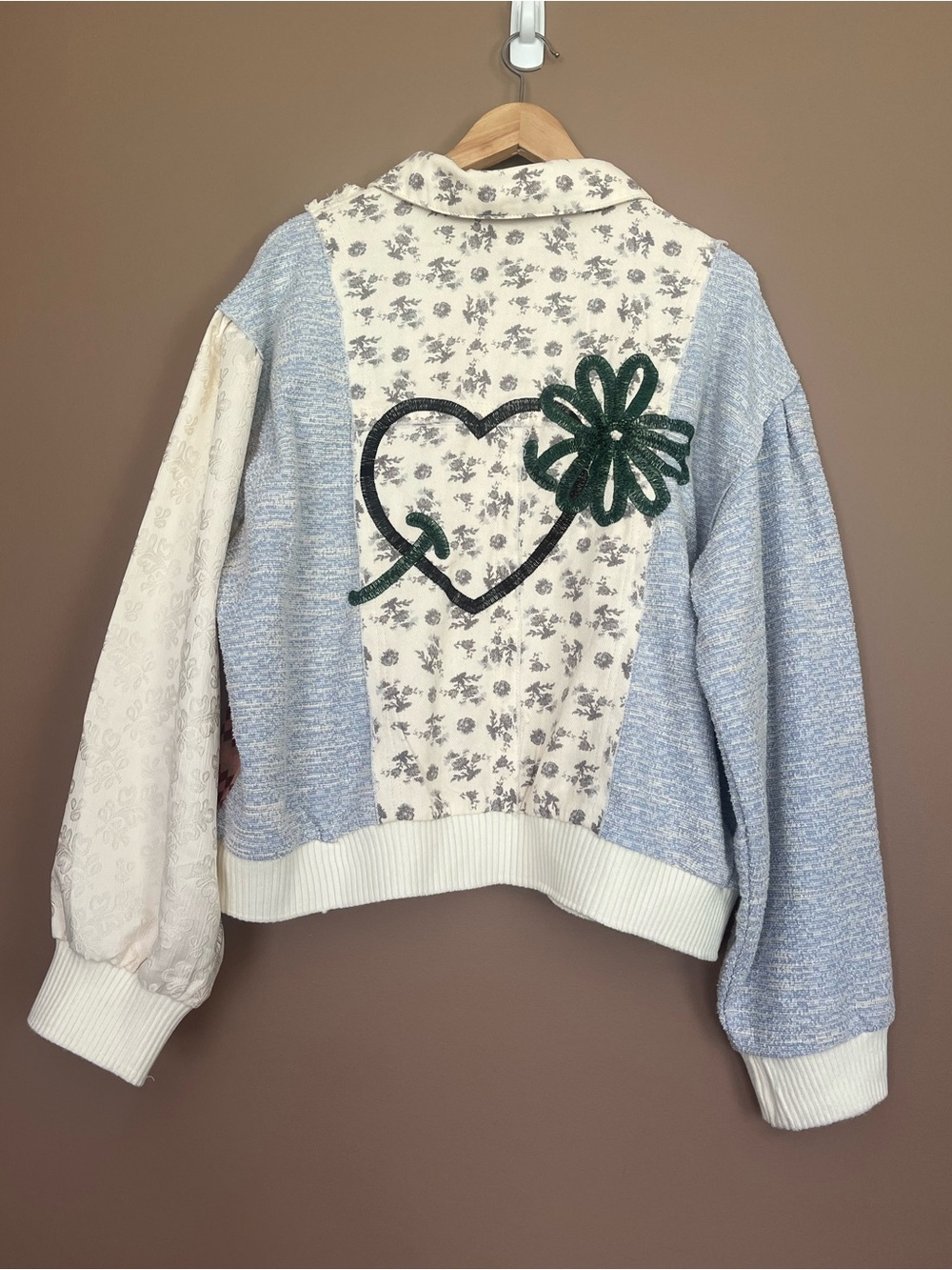 {POL} Embroidered Heart Flower Patchwork Jacket - Womens Large